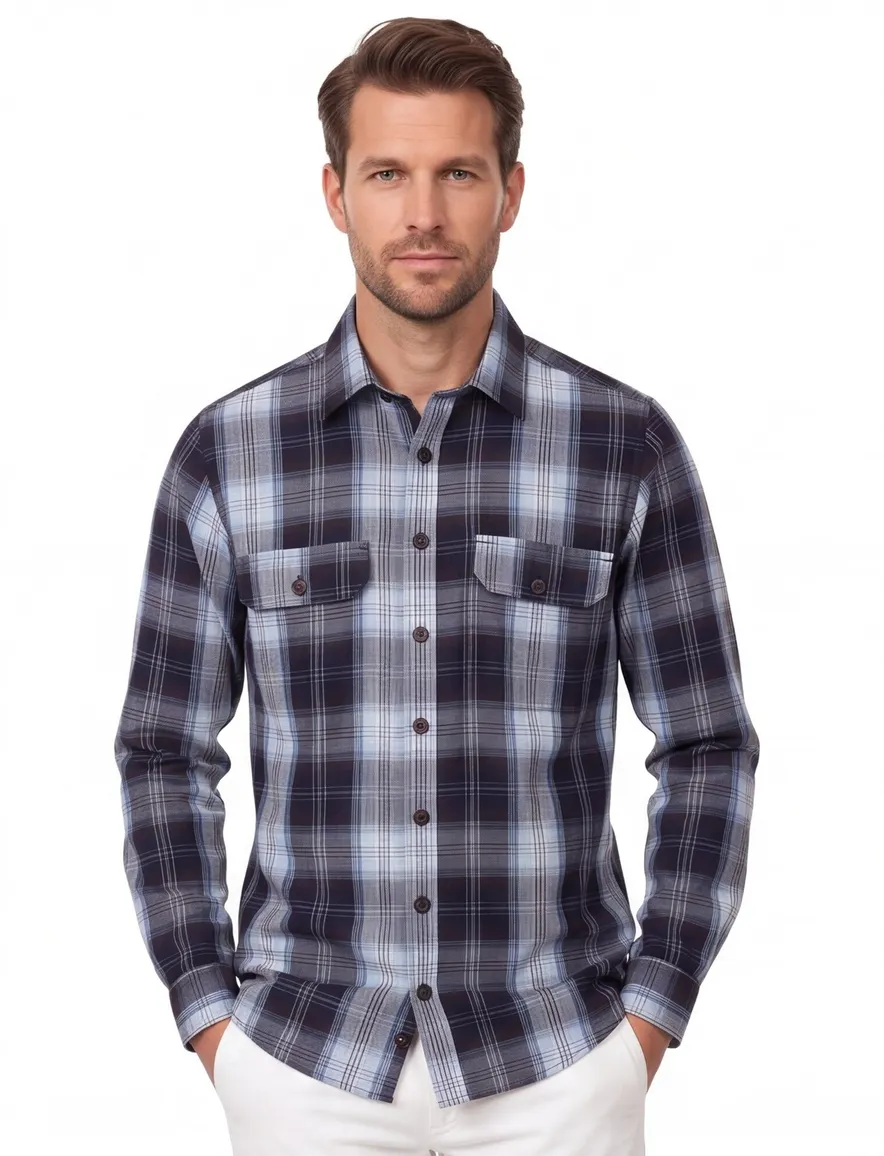 Overshirt donkerblauw geruit Casa Moda knopen met klepzak