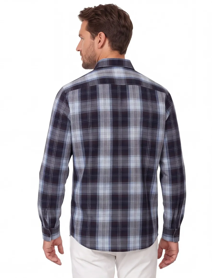 Overshirt donkerblauw geruit Casa Moda knopen met klepzak