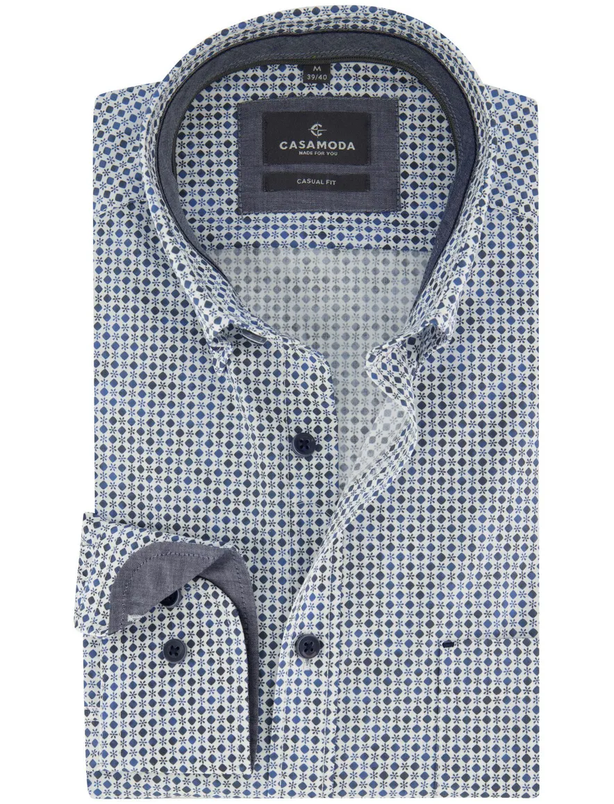 Wit donkerblauw print overhemd Casa Moda Casual Fit