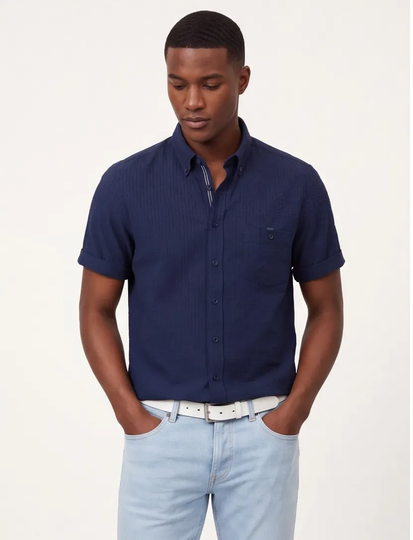 Donkerblauw overhemd Casa Moda Casual Fit borstzak