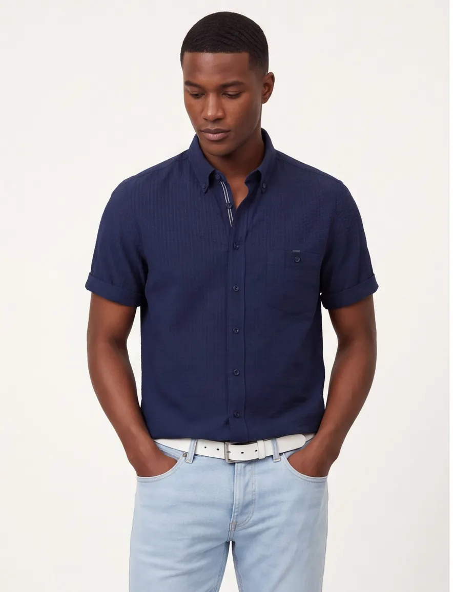 Overhemd donkerblauw Casa Moda Casual fit structuur streep