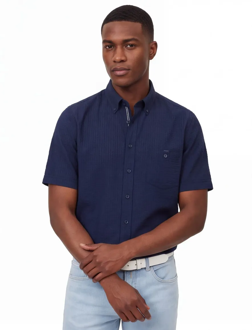 Overhemd donkerblauw Casa Moda Casual fit structuur streep