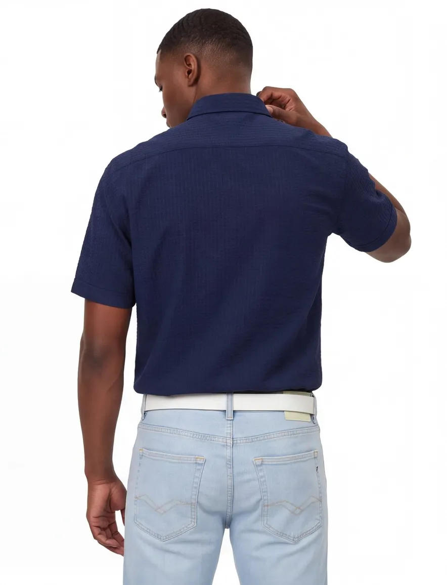 Overhemd donkerblauw Casa Moda Casual fit structuur streep