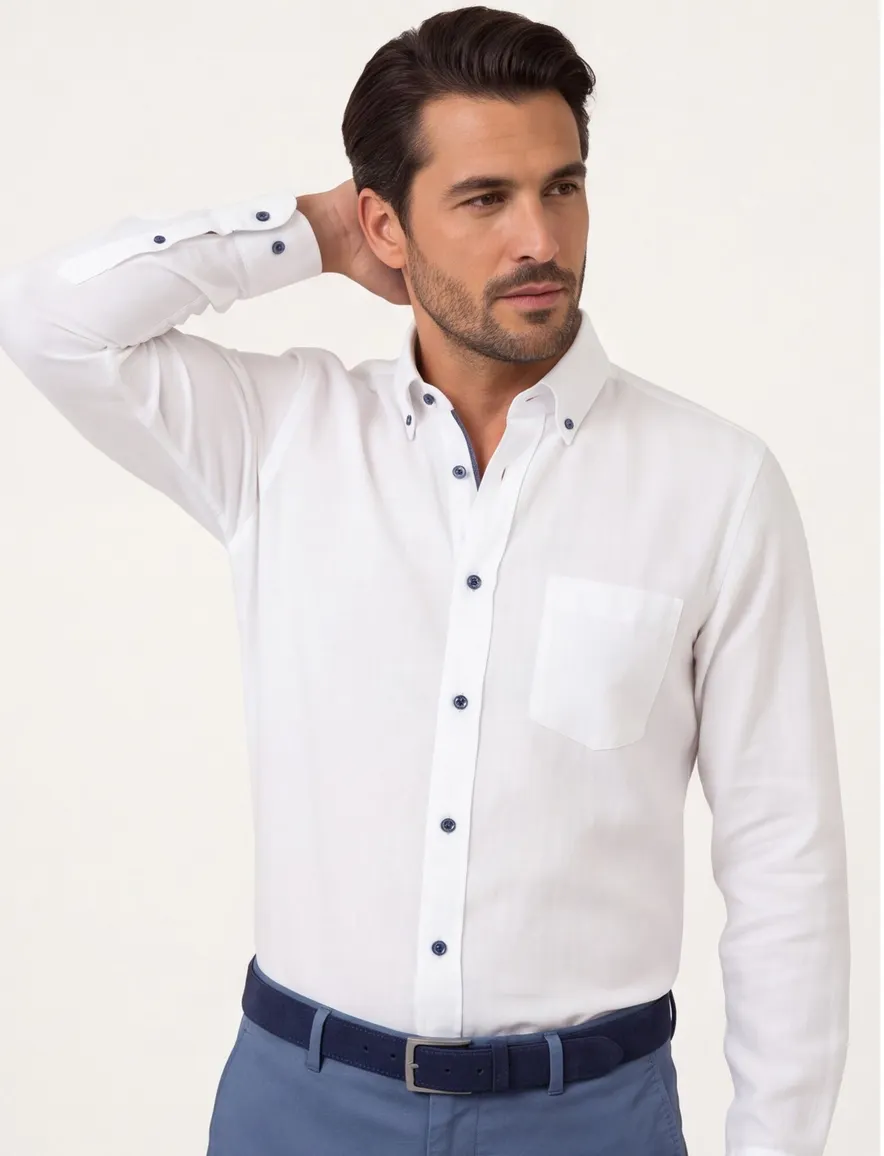 Wit overhemd casual fit Casa Moda blauw knopen button-down collar