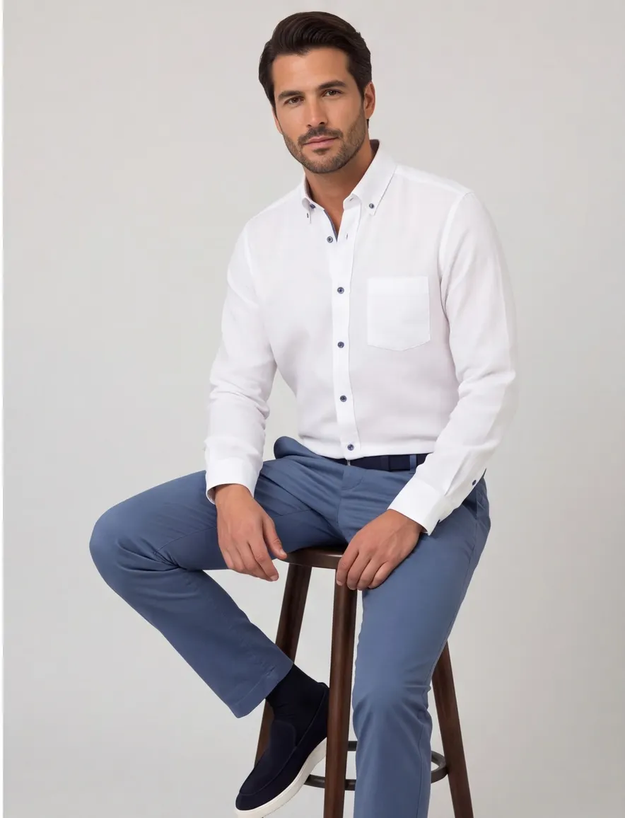 Wit overhemd casual fit Casa Moda blauw knopen button-down collar