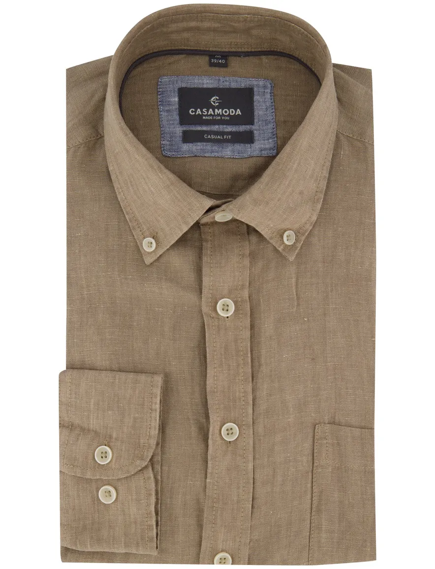 Overhemd met borstzak Casa Moda casual fit bruin met witte knopen button-down collar