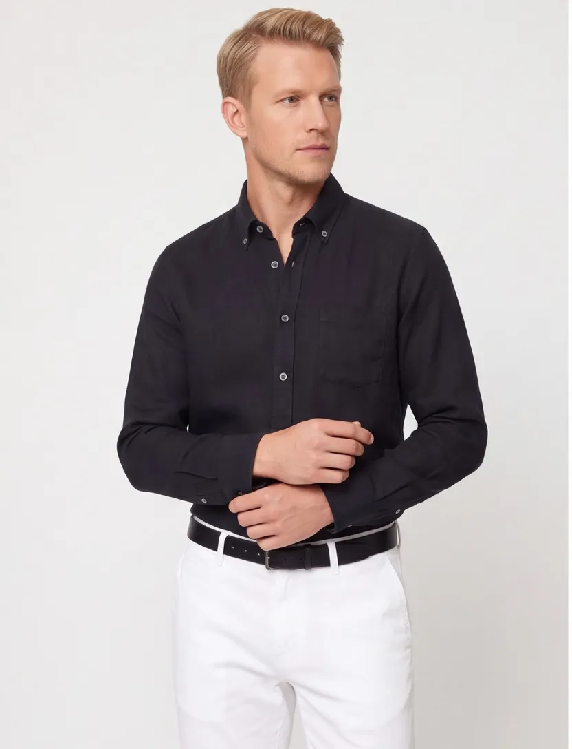 Overhemd zwart Casa Moda borstzak button-down collar wit omlijnde knopen