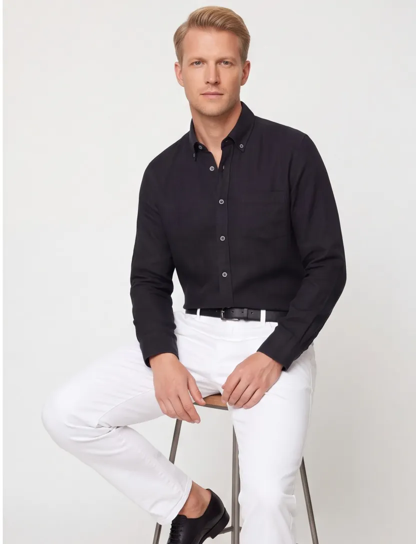 Overhemd zwart Casa Moda borstzak button-down collar wit omlijnde knopen