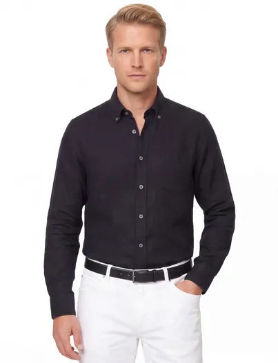Casa Moda Zwart overhemd casual fit Casa Moda wit omlijnde knopen button-down collar