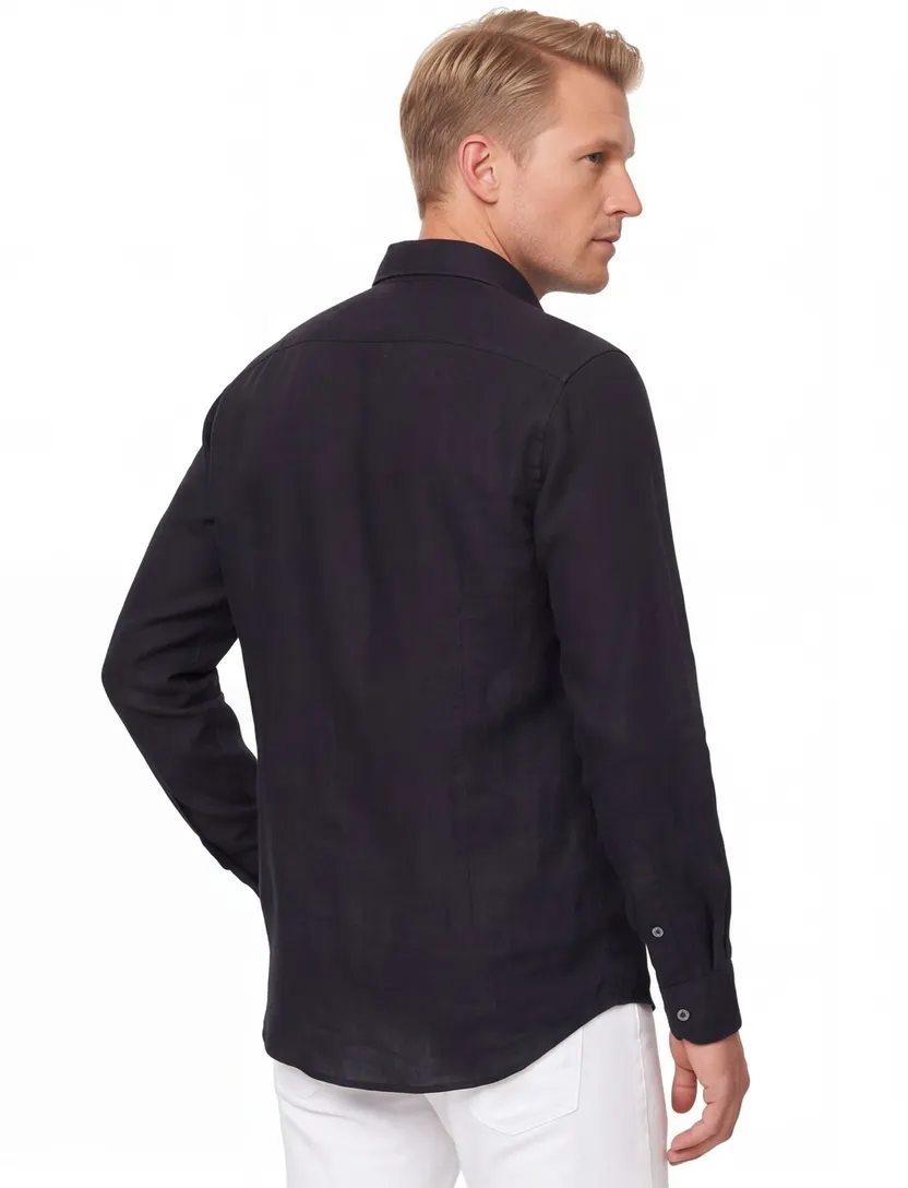Overhemd zwart Casa Moda borstzak button-down collar wit omlijnde knopen