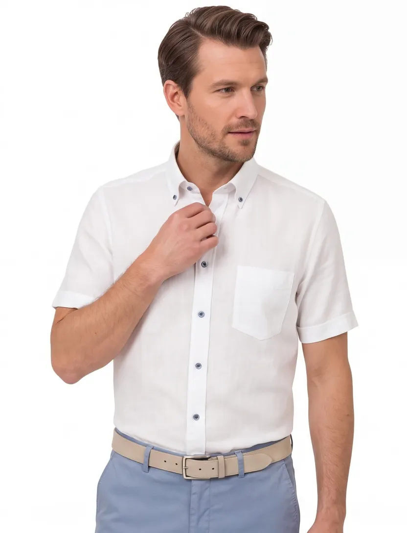 Wit Casa Moda Overhemd Casual Fit linnen korte mouw