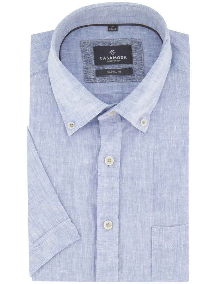 Blauw Overhemd Casa Moda Casual fit linnen korte mouw