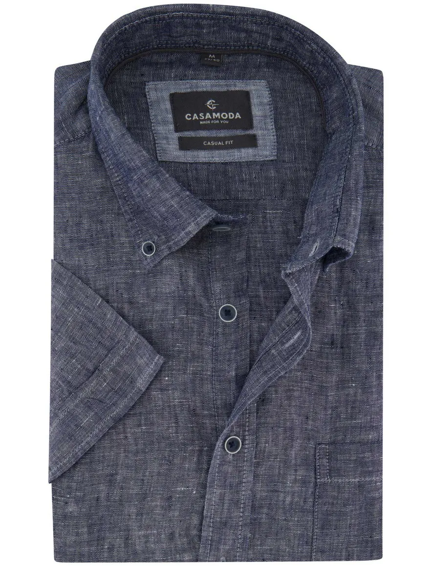 Donkerblauw overhemd Casa Moda Casual fit gemeleerd korte mouw