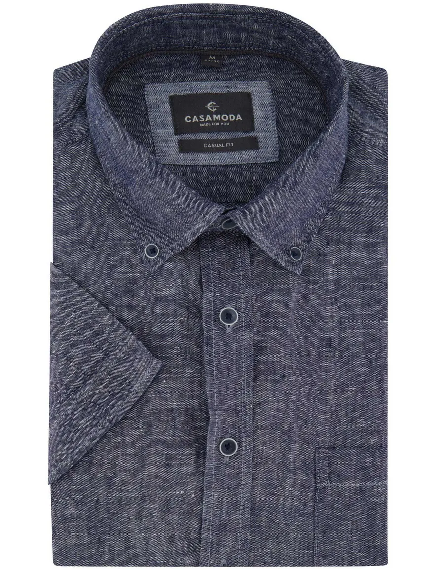 Donkerblauw overhemd Casa Moda Casual fit gemeleerd korte mouw