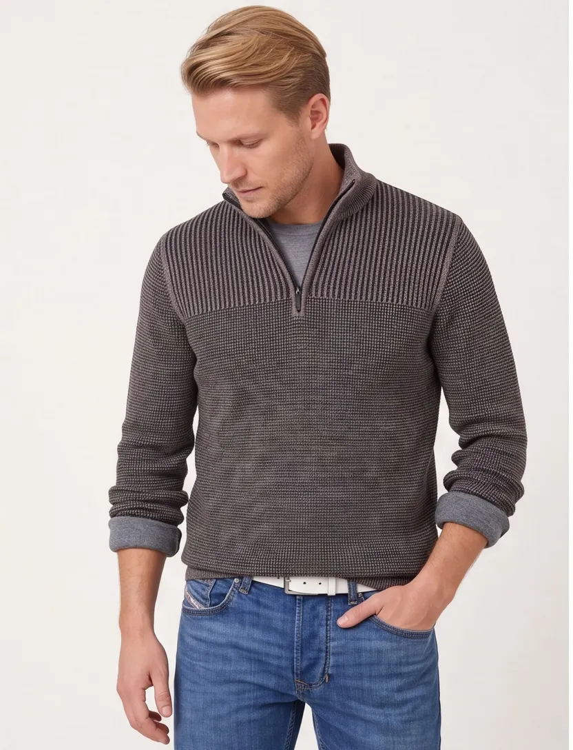 Half zip trui Casa Moda grijs structuur