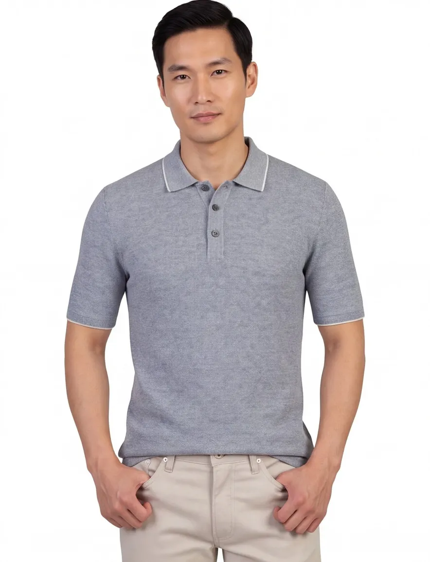 Casa Moda gebreide polo blauw 3 knoops sluiting