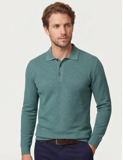 Casa Moda Groen poloshirt Casa Moda lange mouw 3 knoops sluiting
