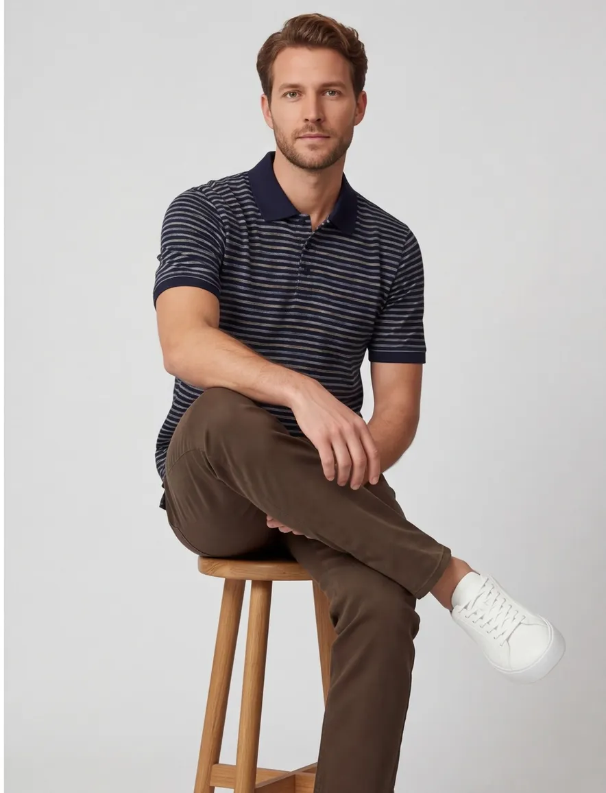 polo donkerblauw Casa Moda gestreept 3-knoops korte mouw