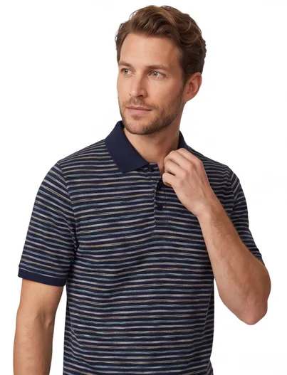 Casa Moda polo donkerblauw Casa Moda gestreept 3-knoops korte mouw
