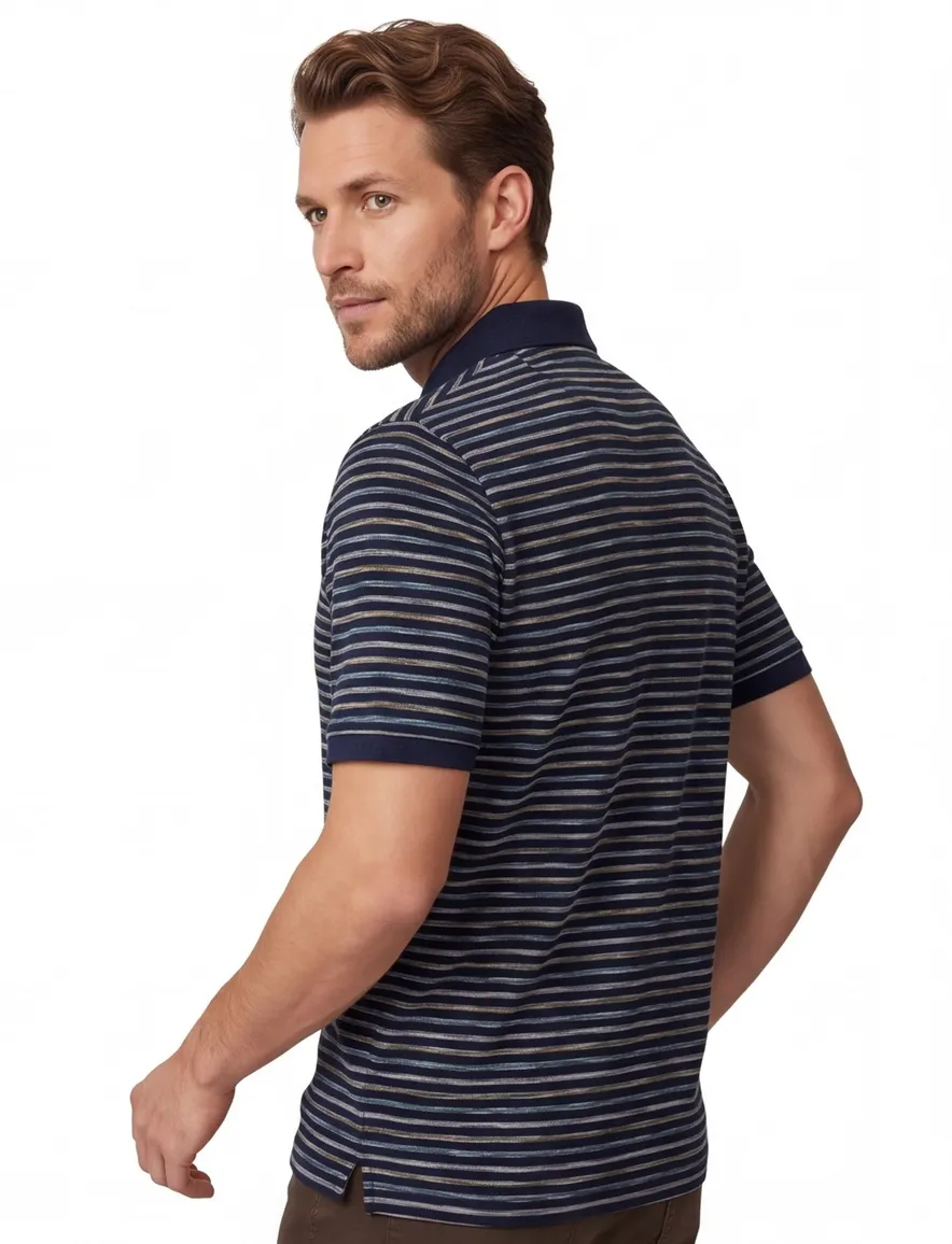 polo donkerblauw Casa Moda gestreept 3-knoops korte mouw
