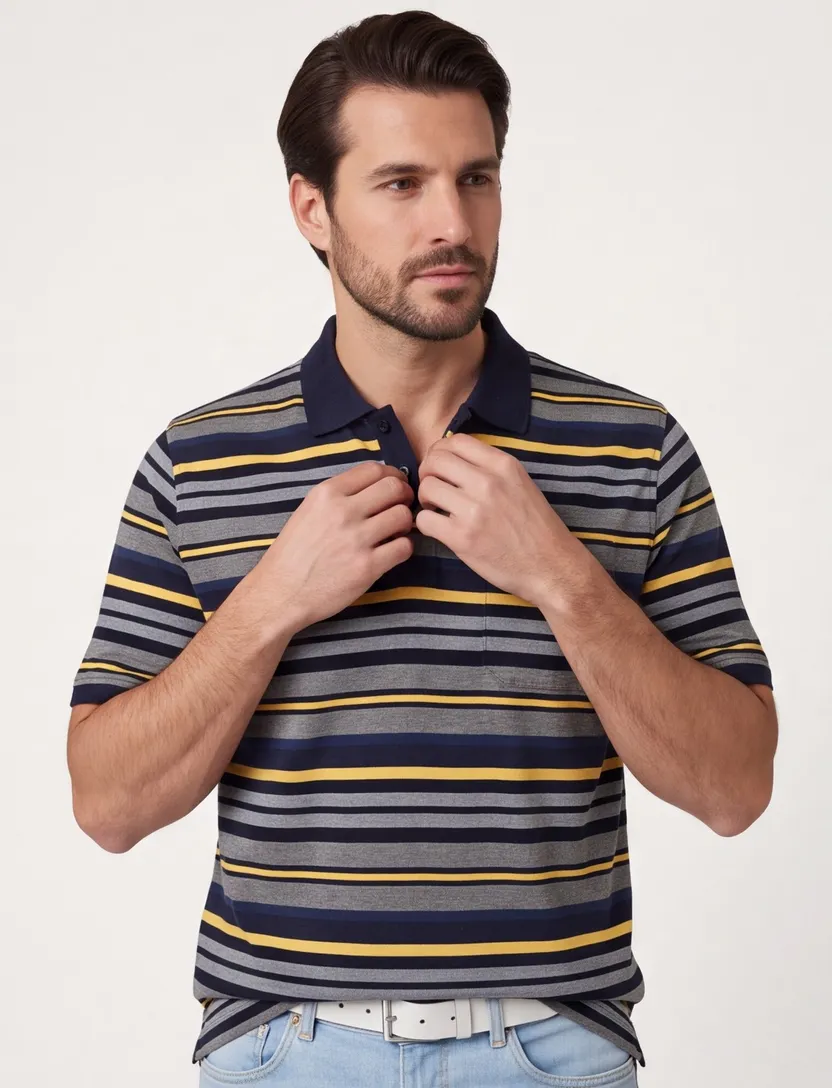 Poloshirt Casa Moda grijs gele strepen 2 knoops