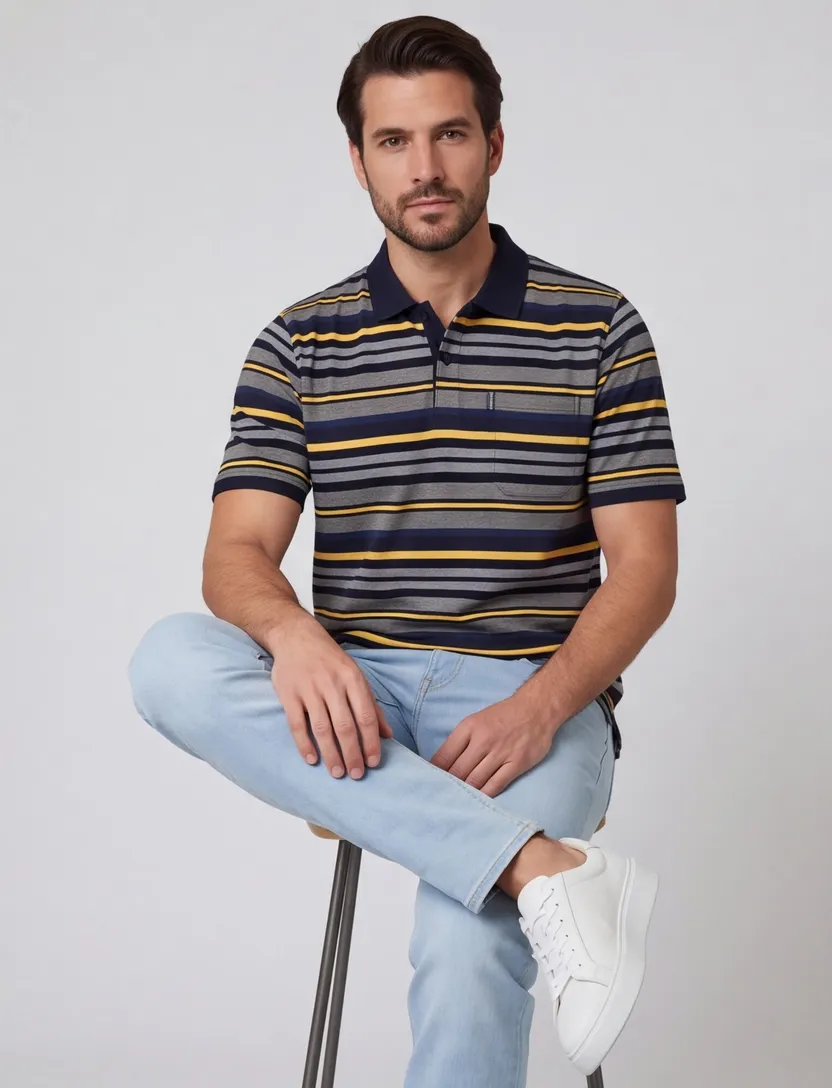 Poloshirt Casa Moda grijs gele strepen 2 knoops