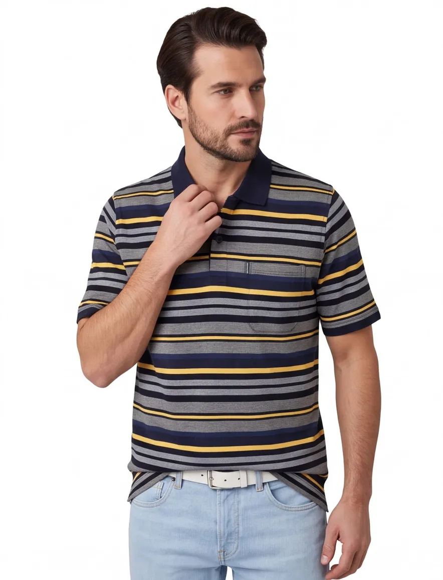 Grijs poloshirt Casa Moda met gele strepen 2 knoops