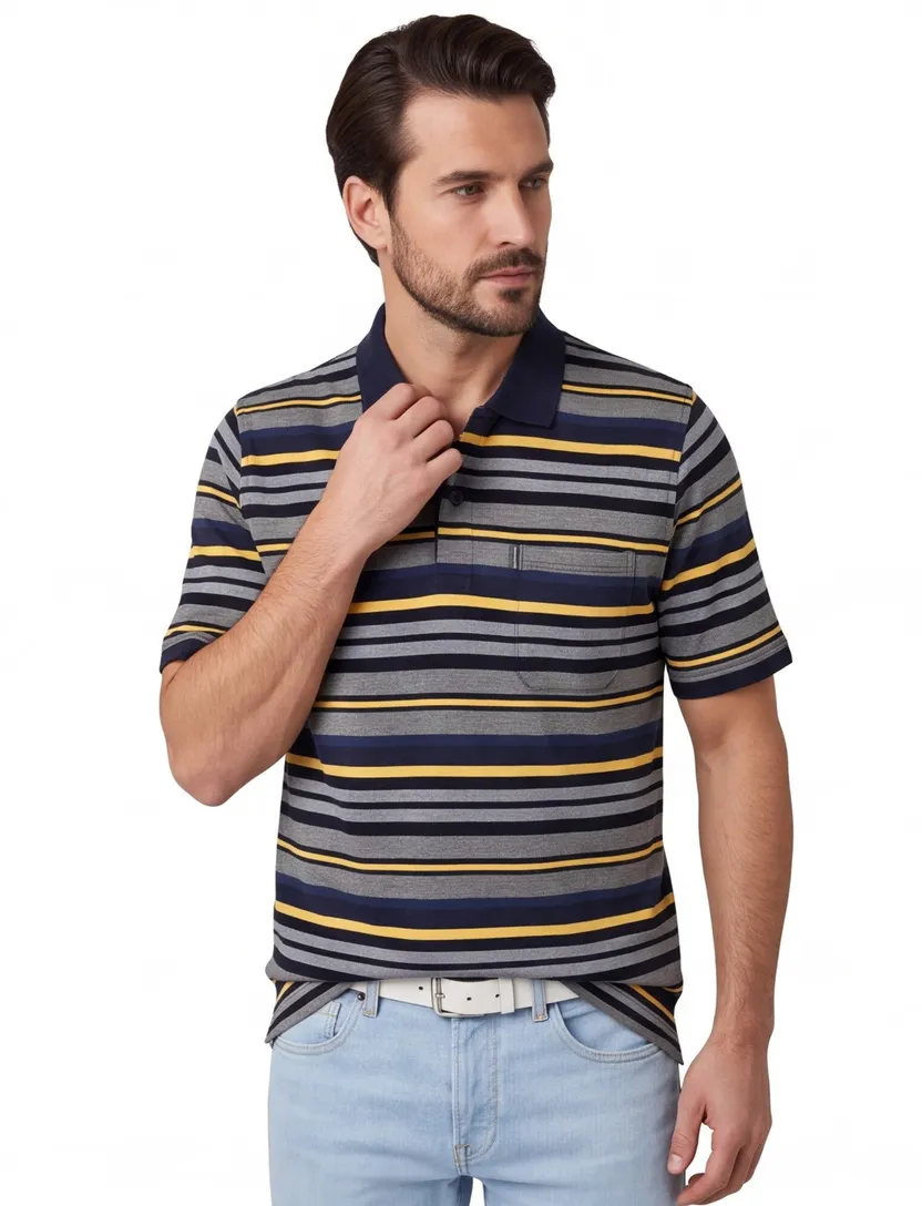 Poloshirt Casa Moda grijs gele strepen 2 knoops