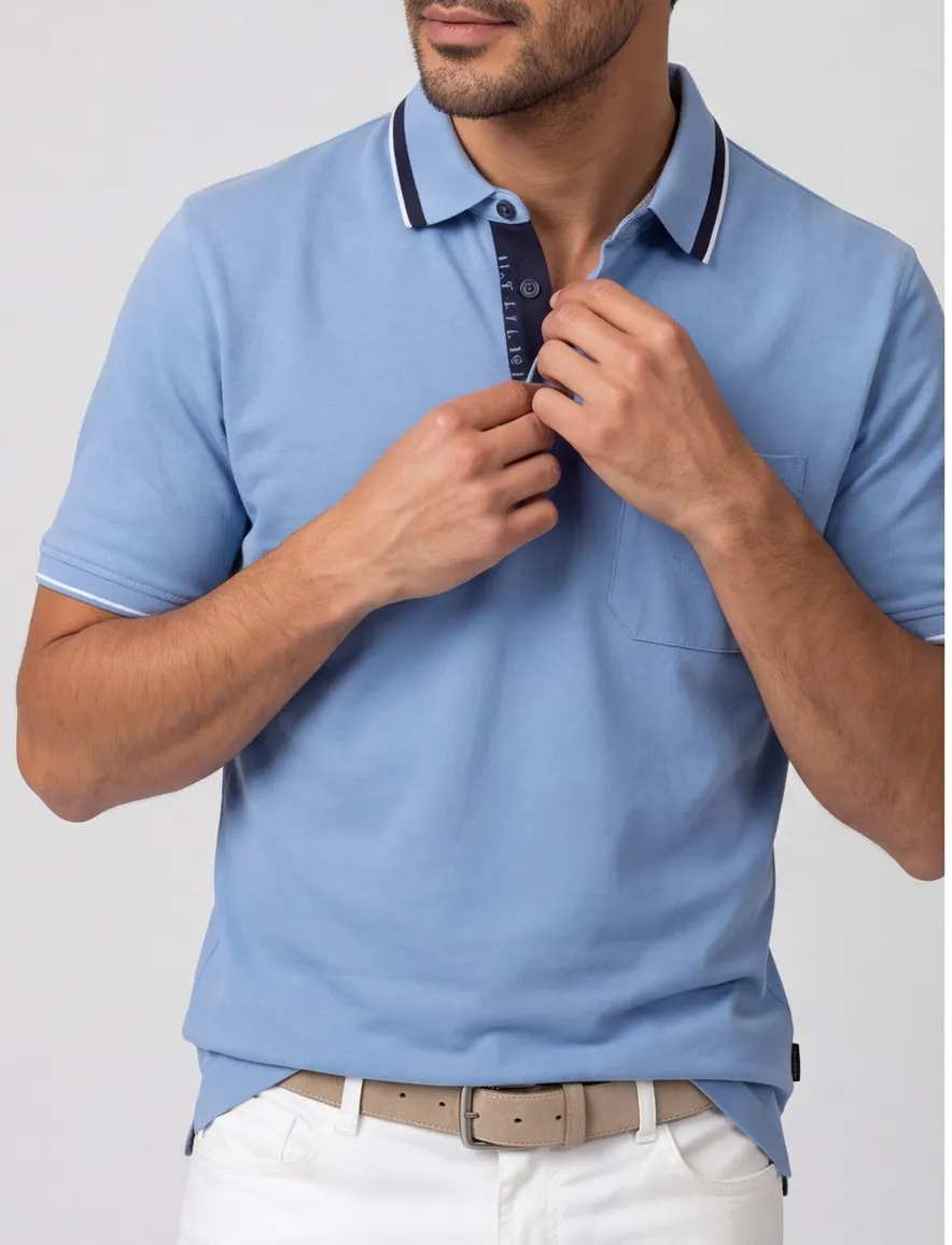polo blauw Casa Moda korte mouw 3-knoops met borstzak