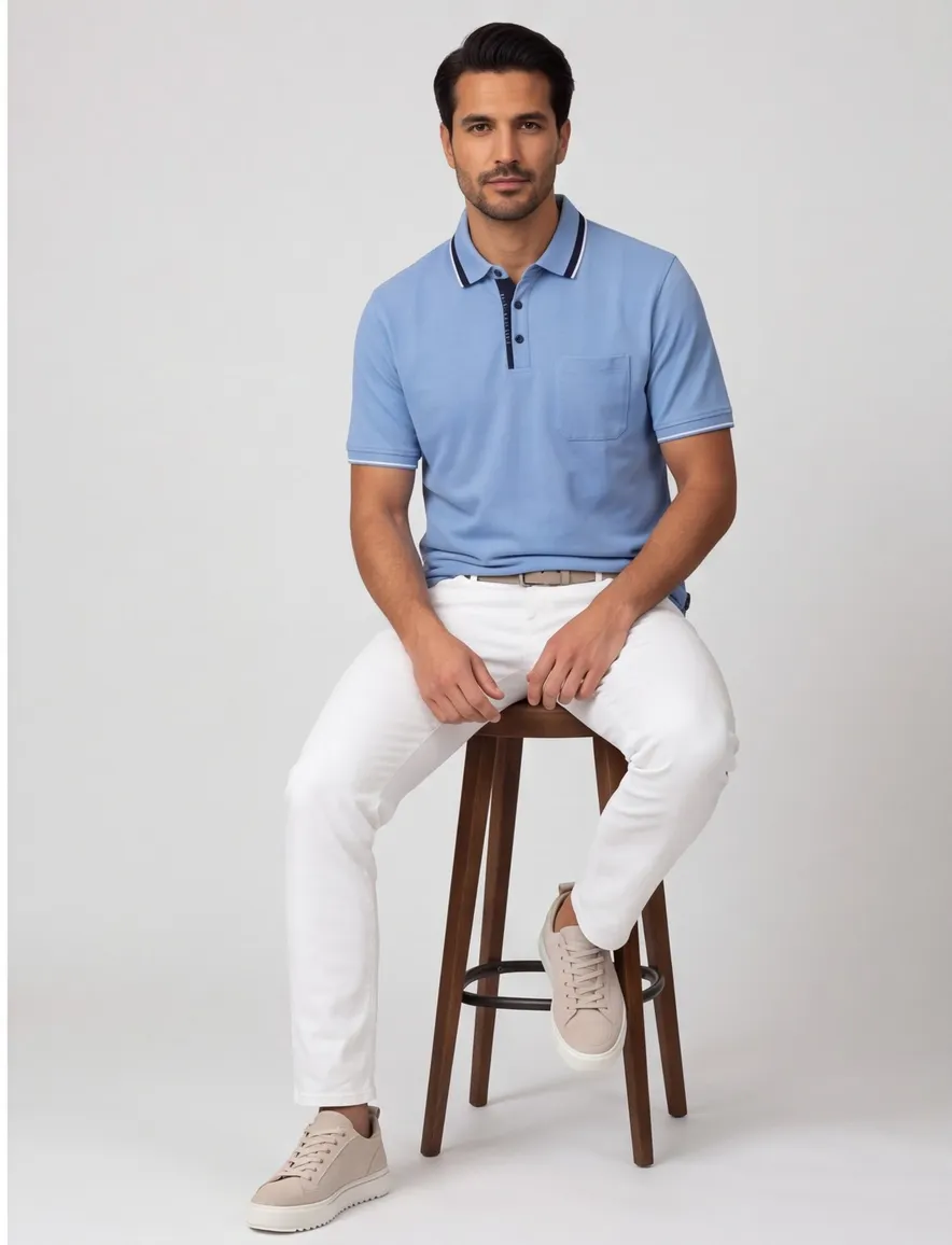 polo blauw Casa Moda korte mouw 3-knoops met borstzak