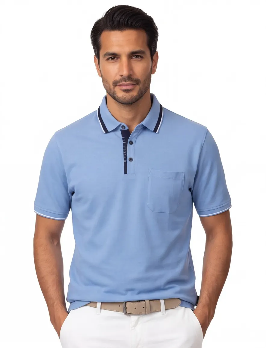 polo blauw Casa Moda korte mouw 3-knoops met borstzak