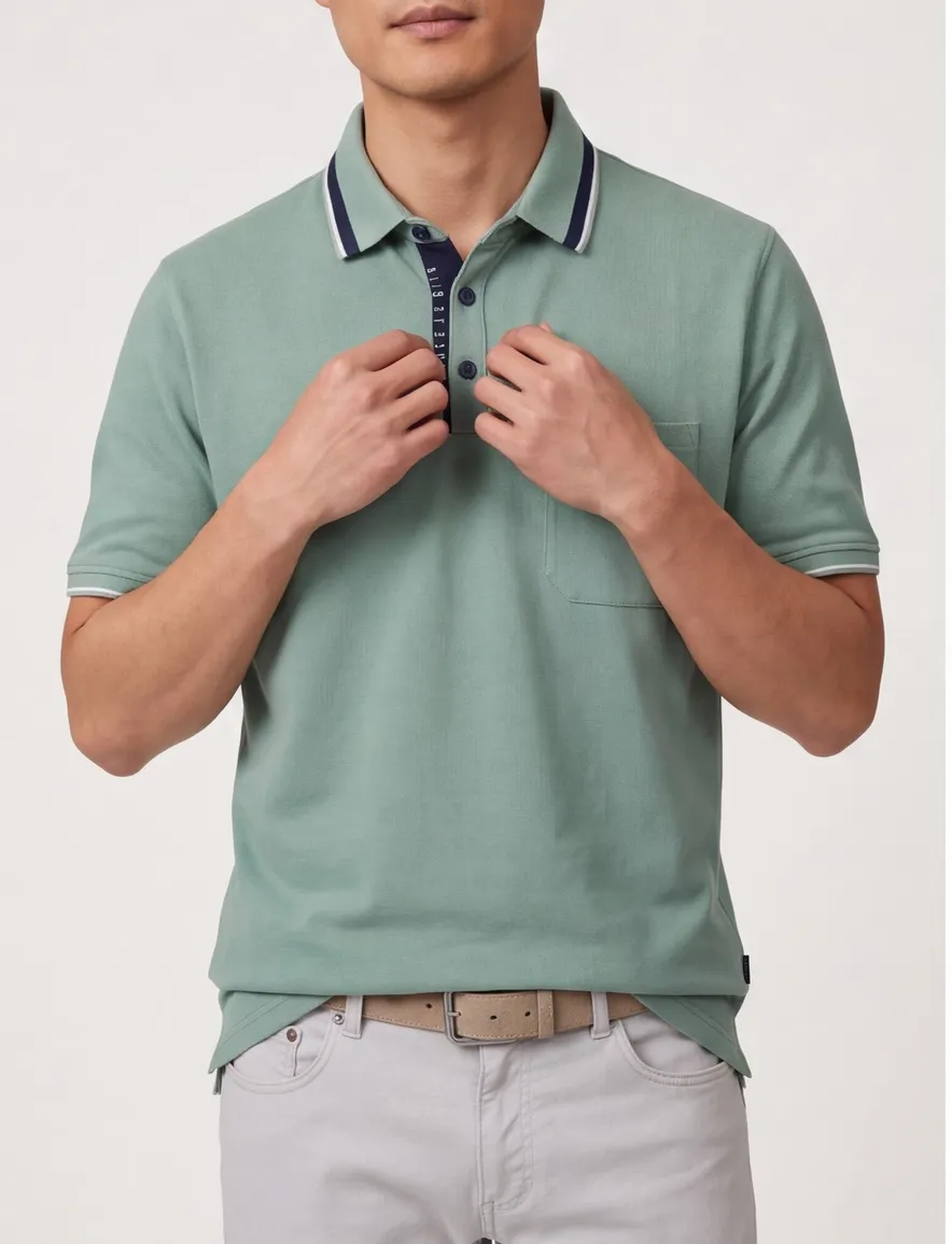 polo groen Casa Moda korte mouw 3-knoops met borstzak