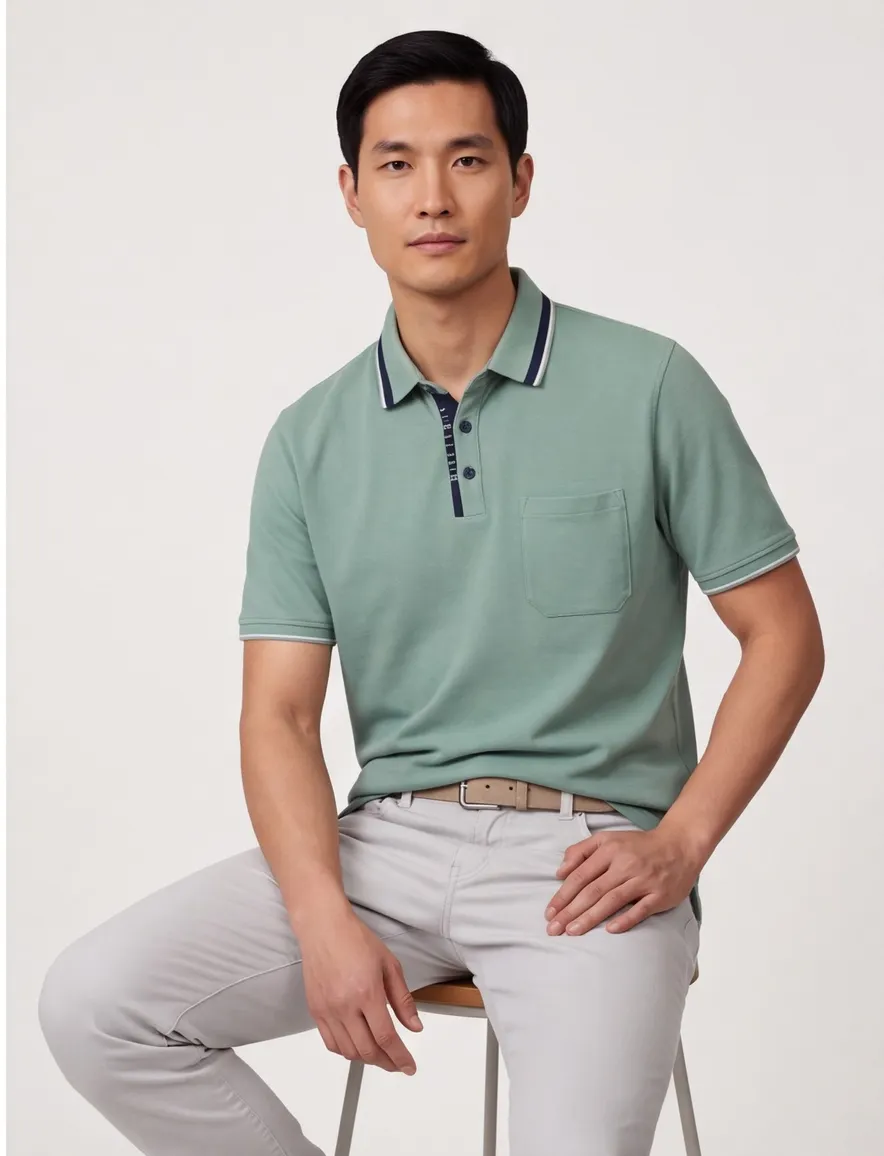 polo groen Casa Moda korte mouw 3-knoops met borstzak