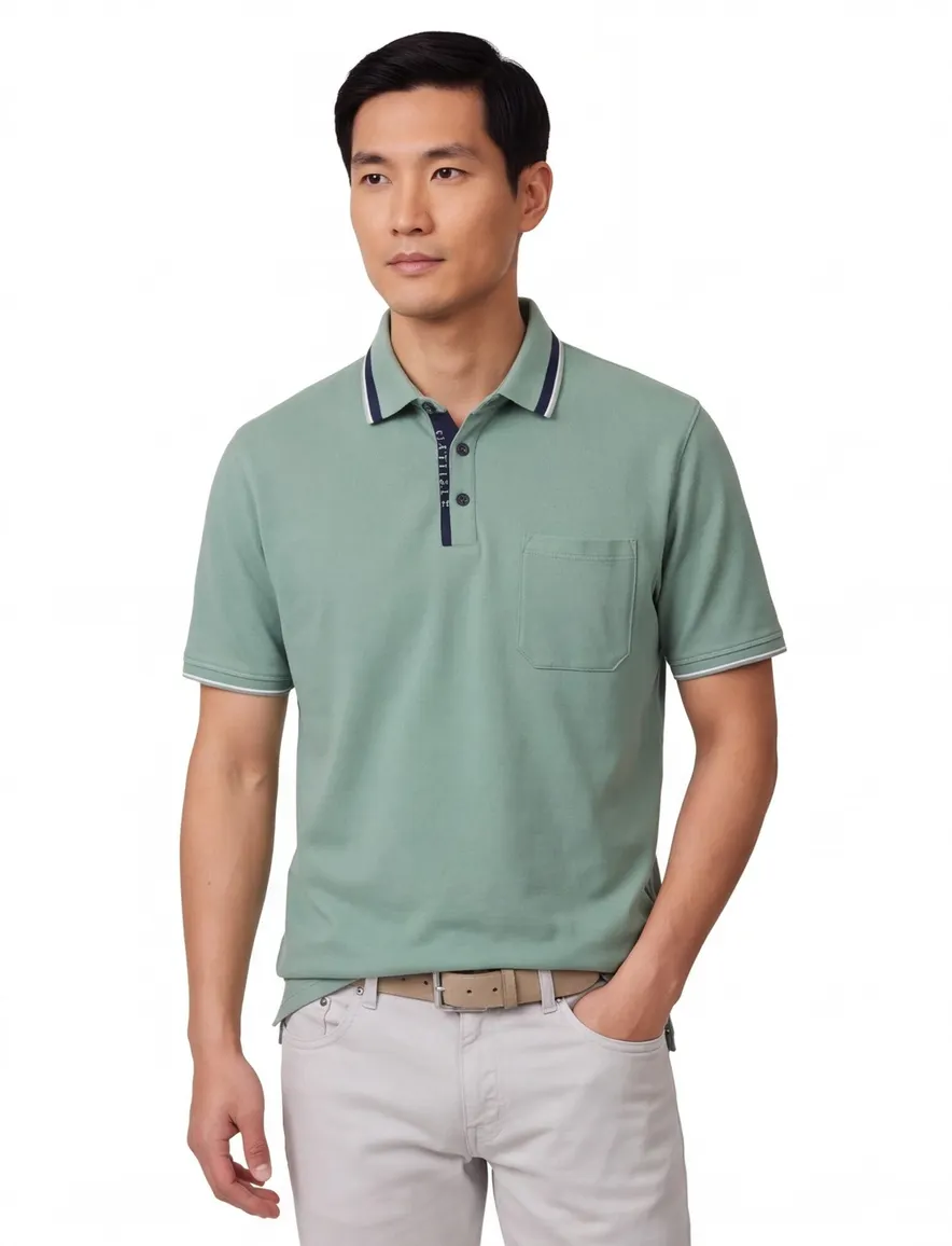 polo groen Casa Moda korte mouw 3-knoops met borstzak