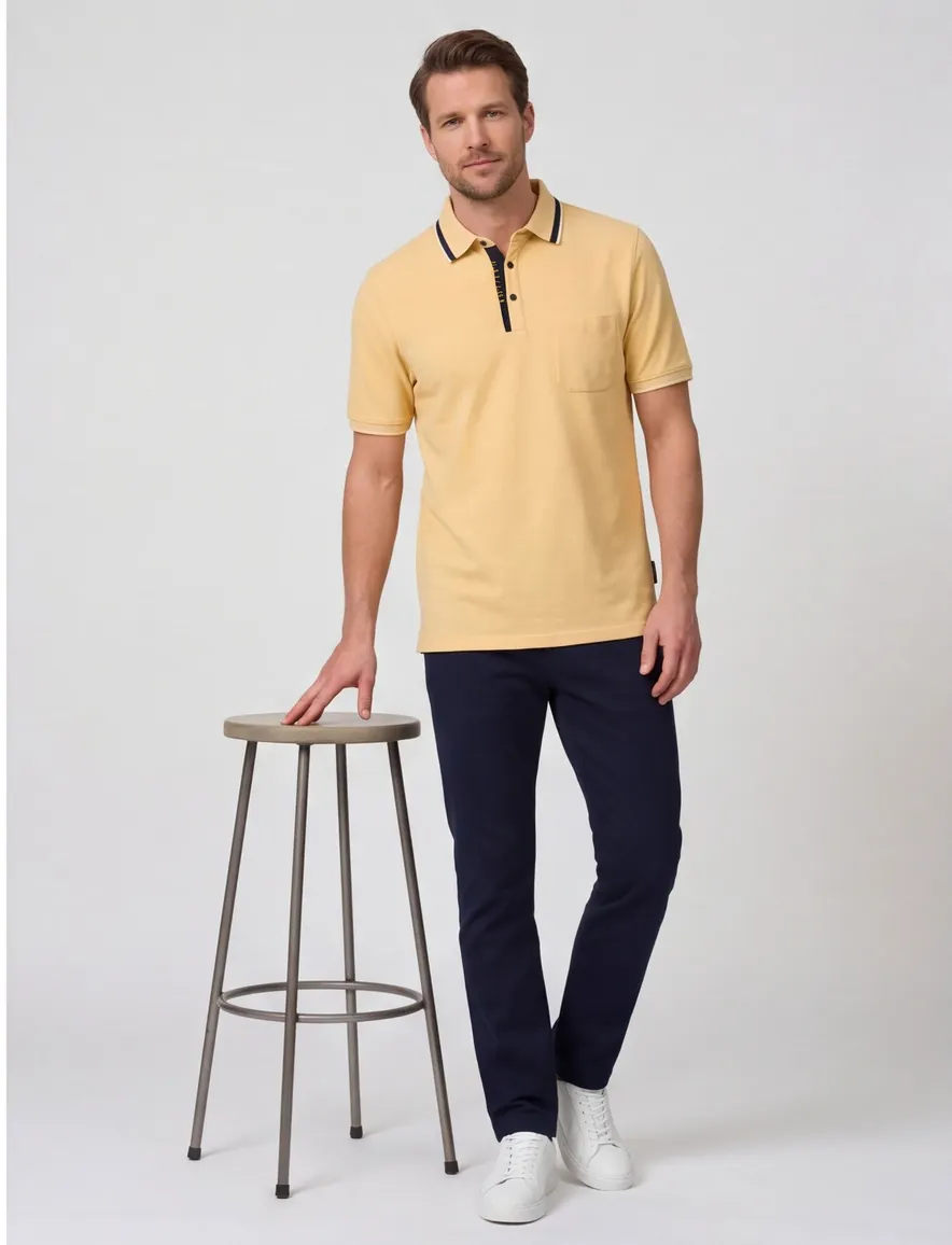 polo geel Casa Moda korte mouw 3-knoops met borstzak