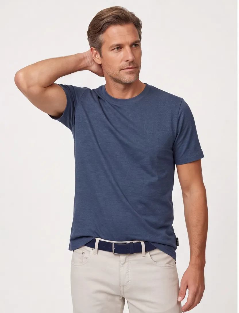 blauwe t-shirt opgenaaid logo Casa Moda korte mouw