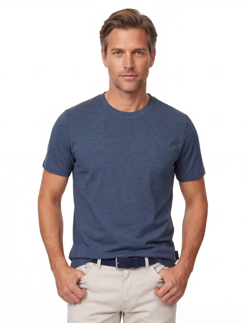 blauwe t-shirt opgenaaid logo Casa Moda korte mouw