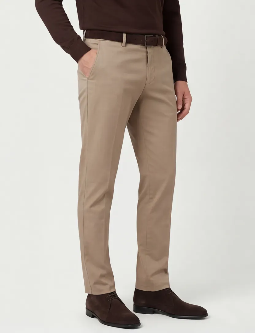 Chino broek Torino beige slim fit met omslag