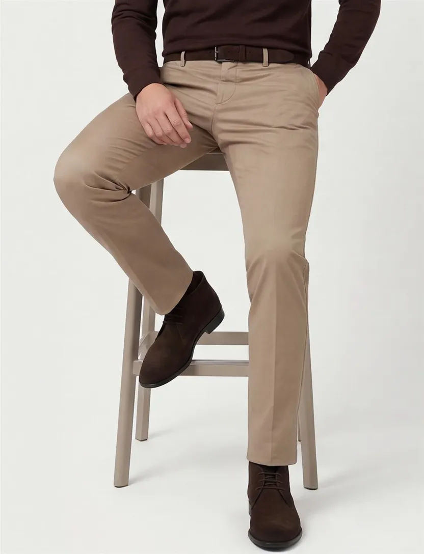 Chino broek Torino beige slim fit met omslag