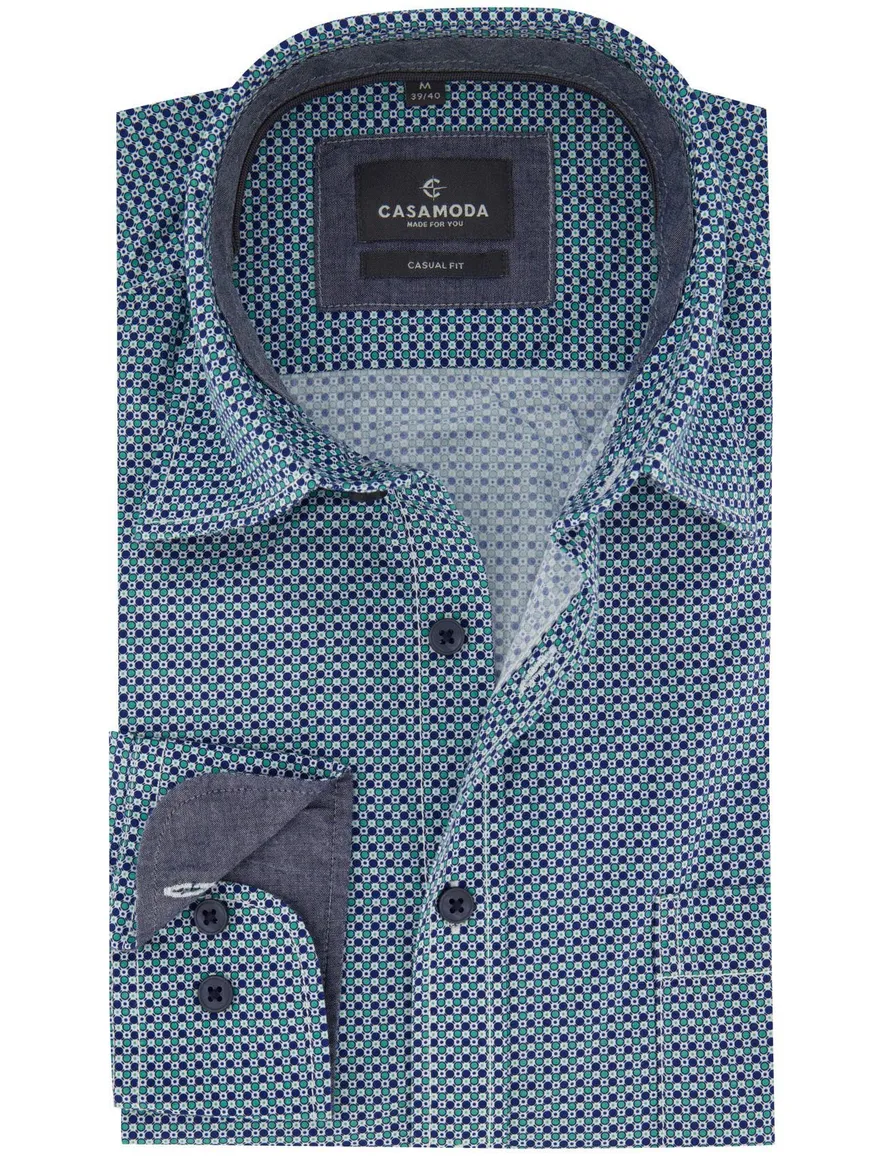 Overhemd casual fit Casa Moda blauw groen gestipt