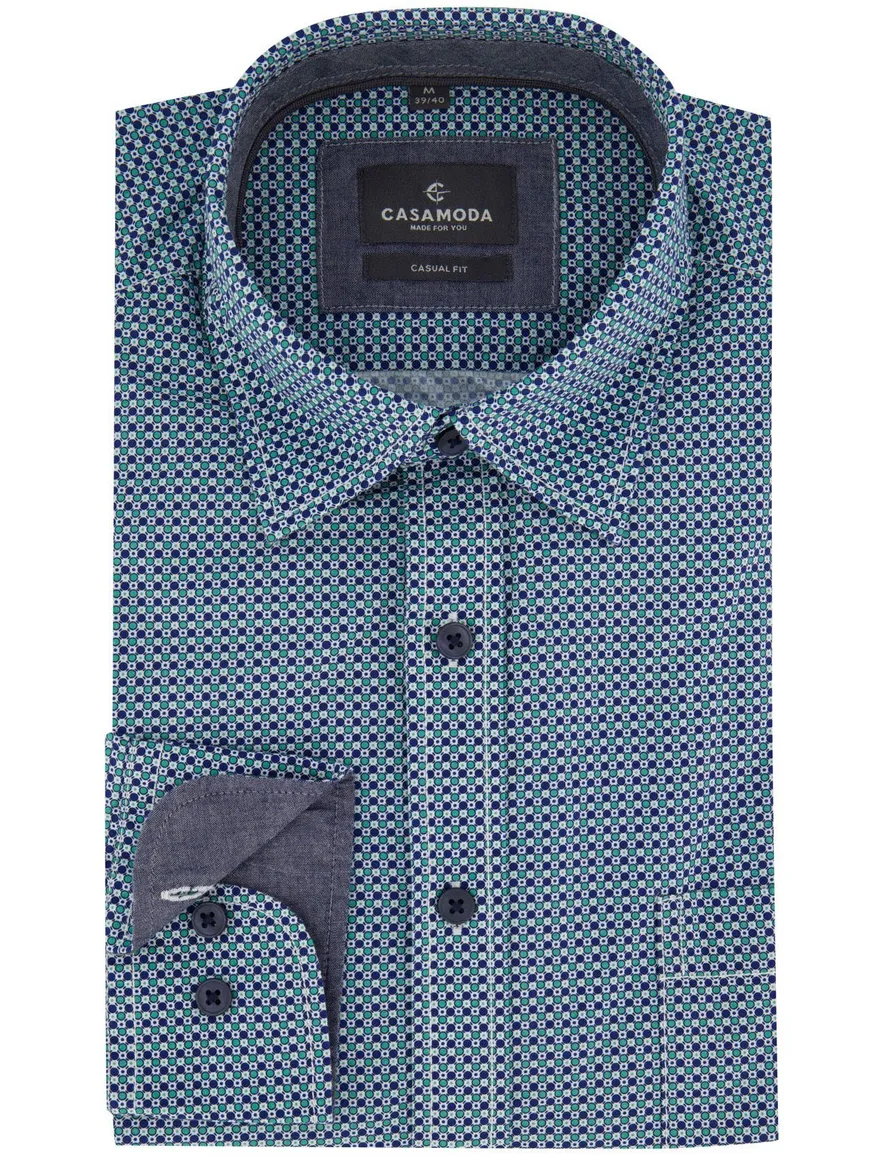 Overhemd casual fit Casa Moda blauw groen gestipt