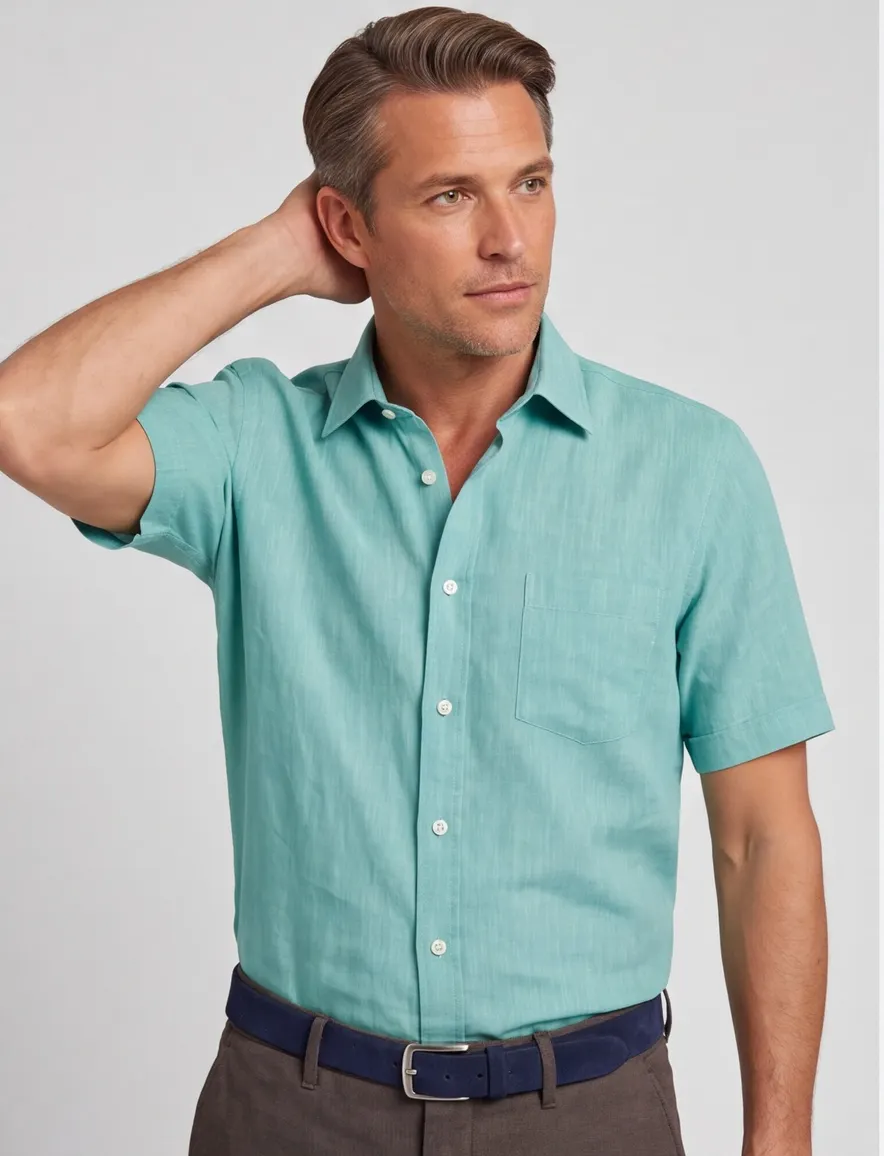 Overhemd casual fit Casa Moda turquoise korte mouw semi-wide collar