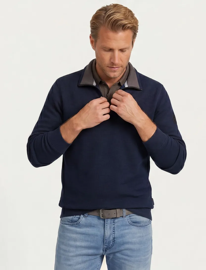 trui Casa Moda donkerblauw gebreid wijde fit half zip