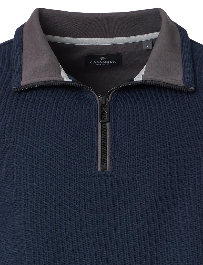 trui Casa Moda donkerblauw gebreid wijde fit half zip