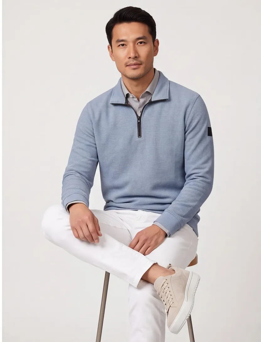 Trui Casa Moda half zip lichtblauw gebreid normale fit