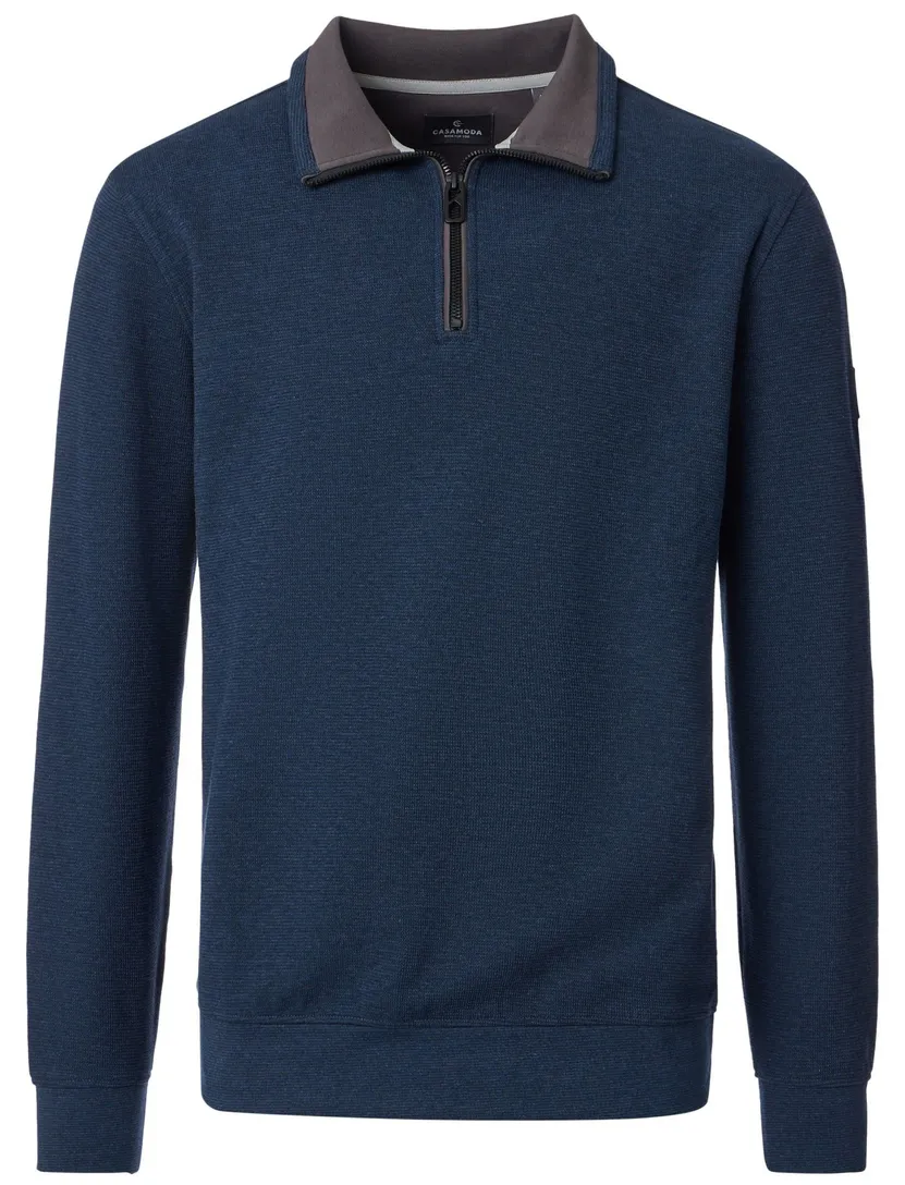 Trui Casa Moda blauw half zip zwarte rits gebreid