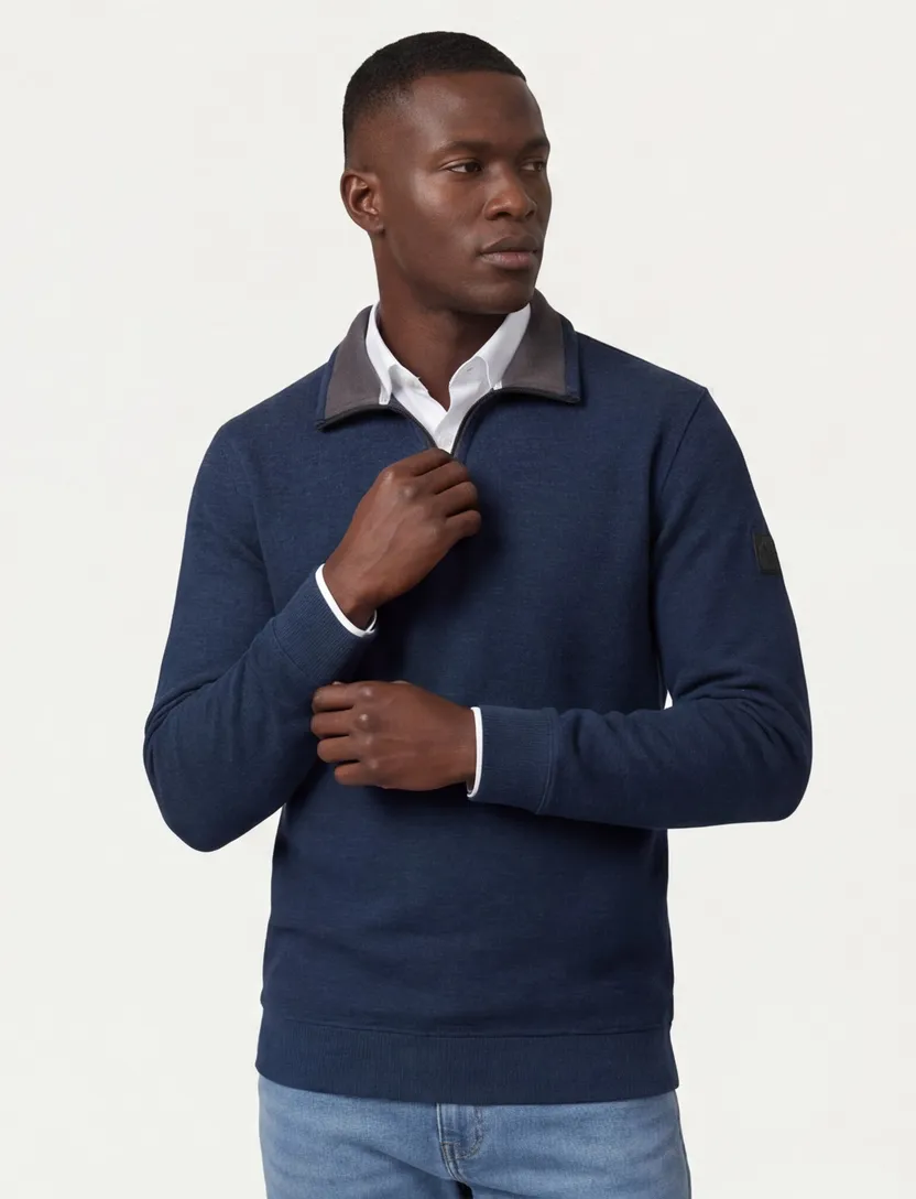 Trui Casa Moda blauw half zip zwarte rits gebreid