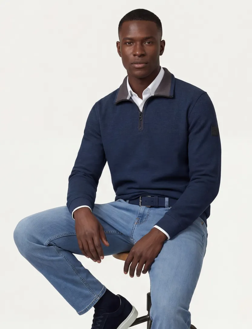 Trui Casa Moda blauw half zip zwarte rits gebreid