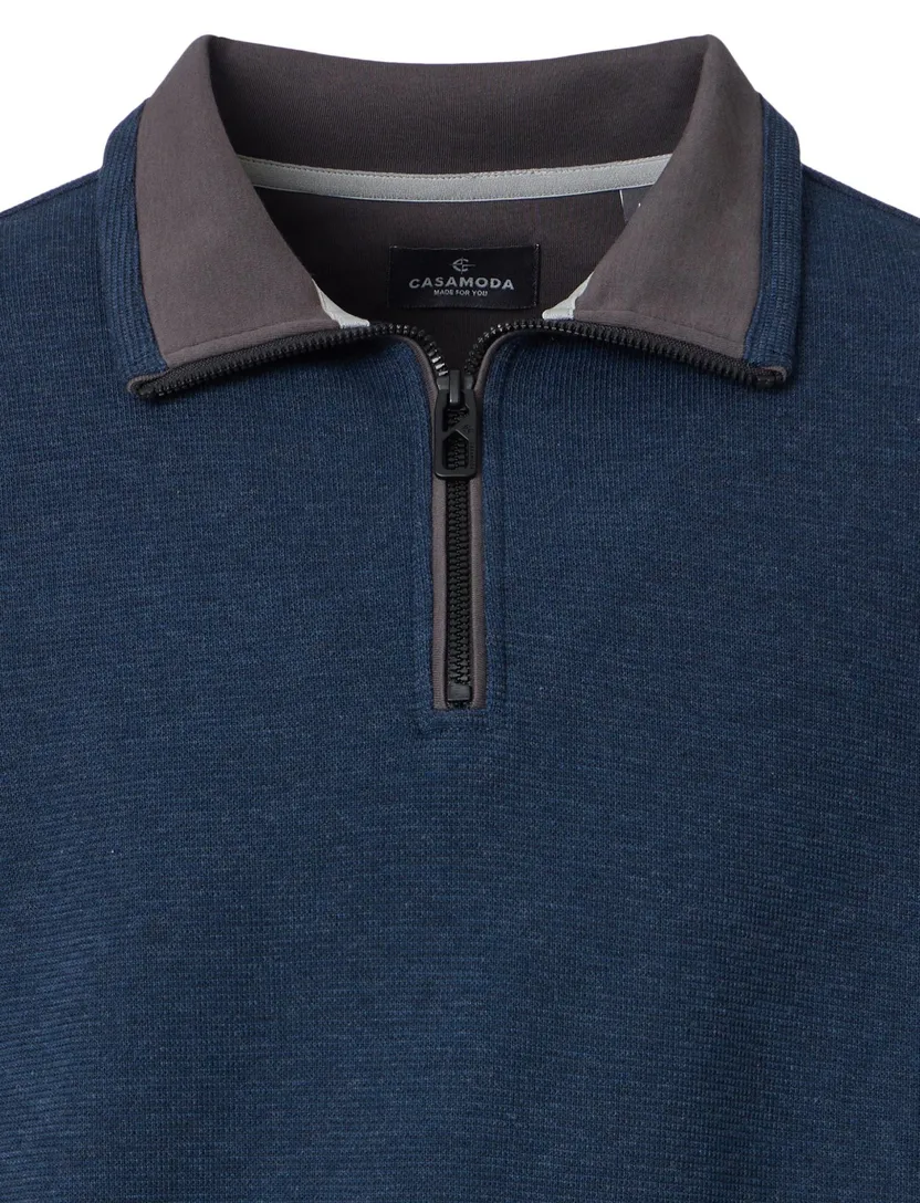 Trui Casa Moda blauw half zip zwarte rits gebreid