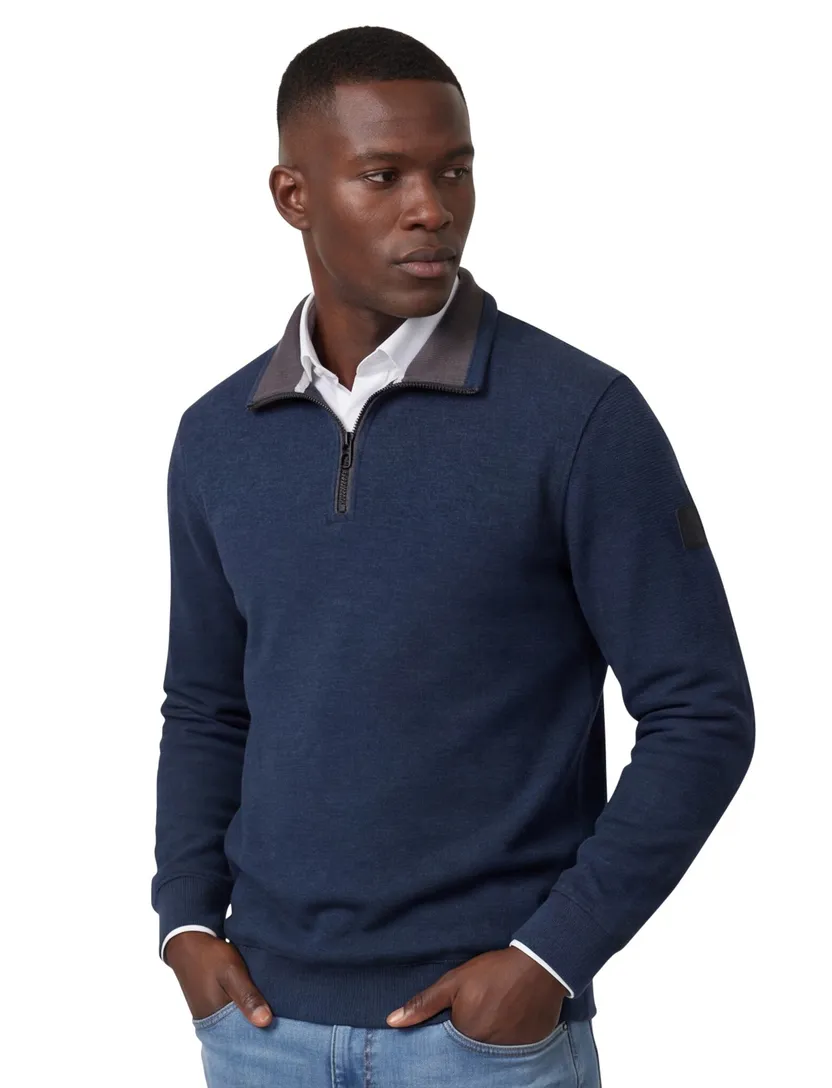 Trui Casa Moda blauw half zip zwarte rits gebreid
